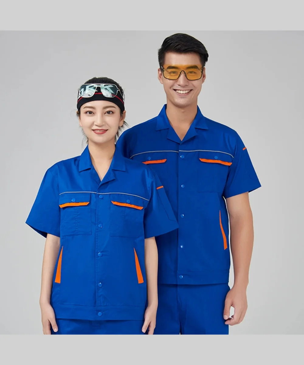 两位模特展示蓝色短袖企业工作服版型